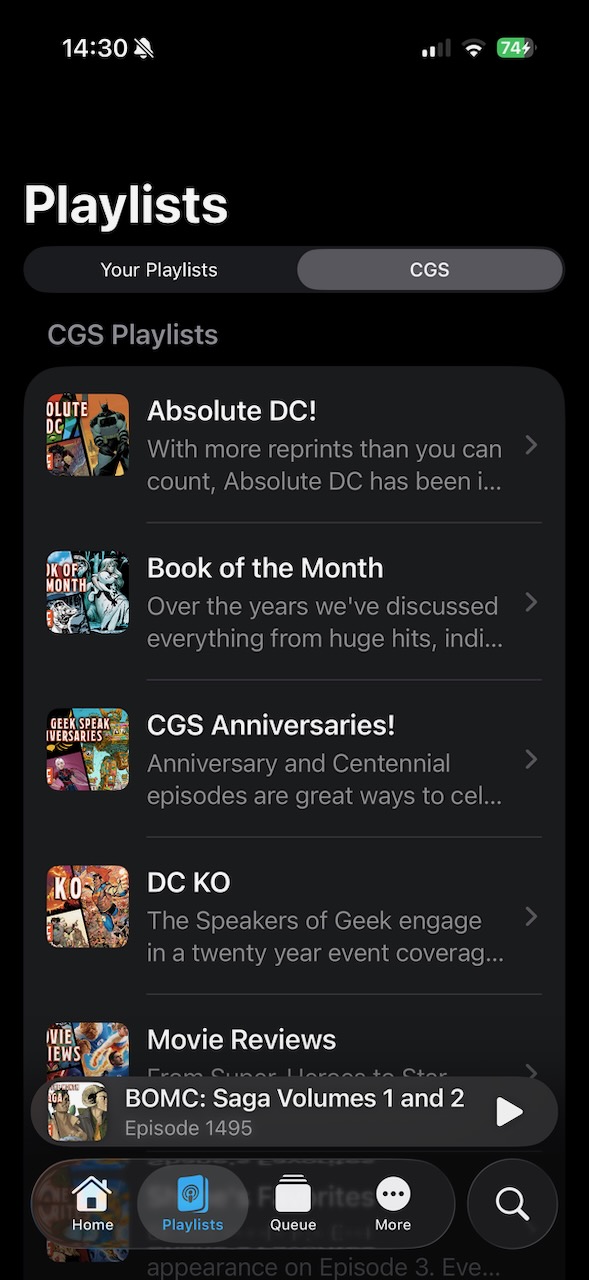 CGS app playlists list with artwork