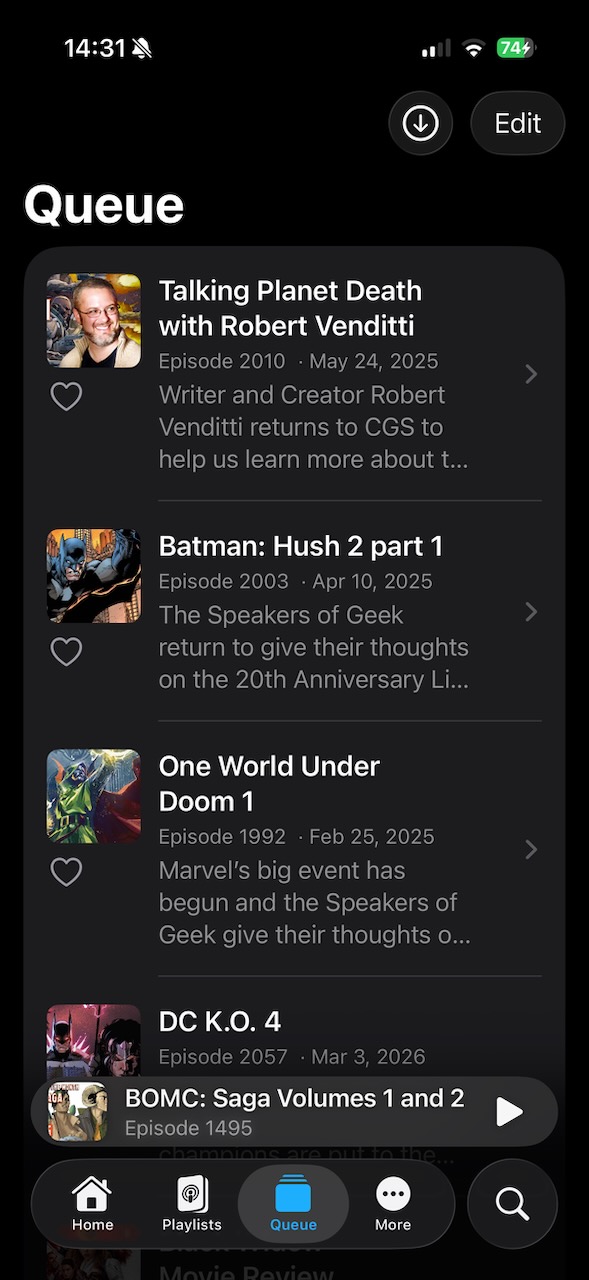 CGS app queue screen showing episodes lined up to play next